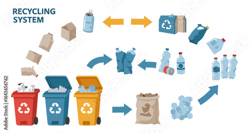 Eco-friendly recycling system diagram with bin and arrows flow