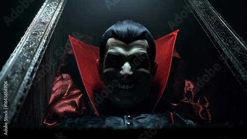 Vampire Awakening in Coffin with Sinister Smile and Laugh