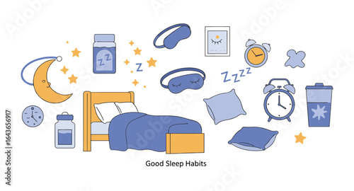 Bedtime essentials for good sleep habits with flat design elements