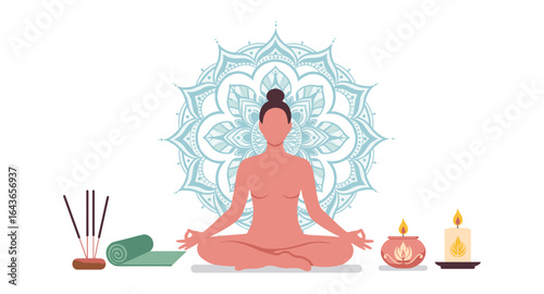 Peaceful meditation scene with mandala and relaxation elements in flat design