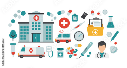 Medical facility and healthcare icons in modern flat design