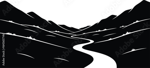 Serene mountain landscape with a winding river flowing through valley, capturing tranquility and scenic beauty of nature in a minimalist design