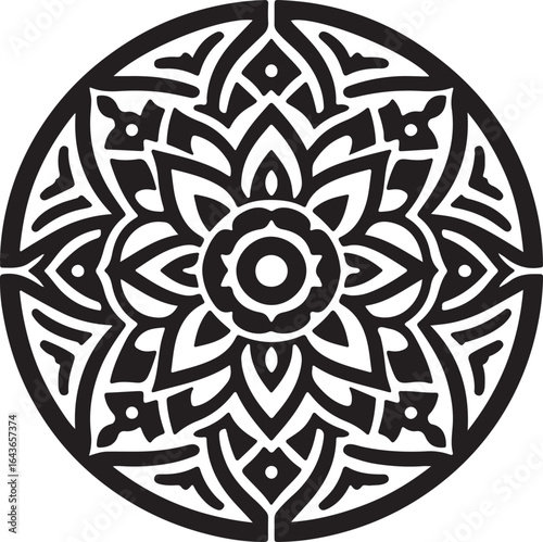 Intricate Black and White Mandala Design for Decorative Use. This striking black and white mandala design features a symmetrical, layered floral pattern within a circular frame.