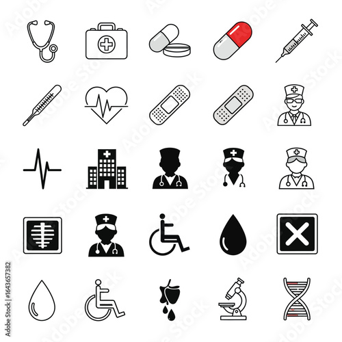 Comprehensive collection of essential healthcare and medical science icons representing various aspects of health and wellness.