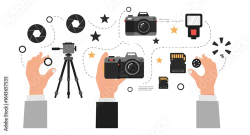 Photography equipment in modern flat style with hands holding cameras