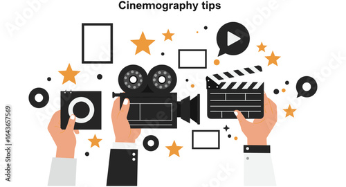Cinematography essentials: icons of cameras and clapperboards for filmmaking