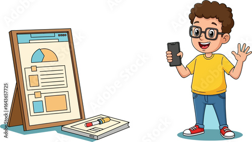 Young enthusiastic boy in glasses holding smartphone and waving happily next to a presentation board with charts and graphs in a bright, engaging style.