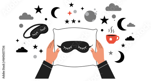 Sleep mask and pillow design with dreamy night sky elements