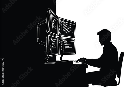 Silhouette of a programmer working multiple screens, coding and developing software, vector illustration of a software engineer in a cyber security environment