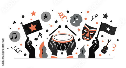 Cultural celebration with music and masks in silhouette style