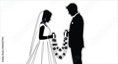 Silhouette illustration of a bride and groom exchanging garlands during a wedding ceremony, a symbol of love, commitment, and cultural tradition