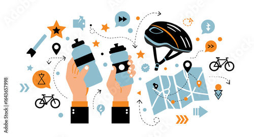 Cycling adventure: hands holding water bottles with map and helmet in linear style