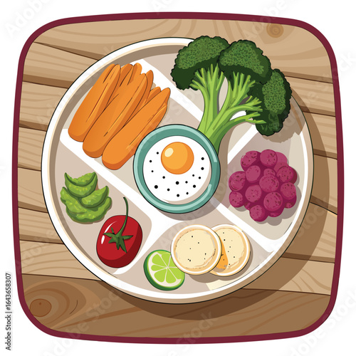 A healthy and balanced meal featuring a fried egg broccoli carrots and other fresh ingredients arranged on a divided plate