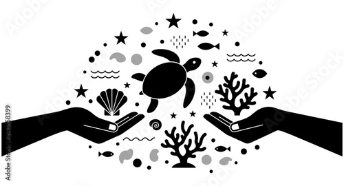 Marine life preservation with hands, turtles, and coral in black silhouette art