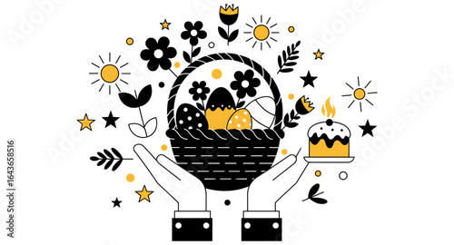 Black and yellow easter celebration with basket and cake