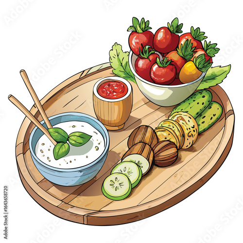 A delightful assortment of fresh vegetables and dips served on a rustic wooden platter with chopsticks and basil garnish
