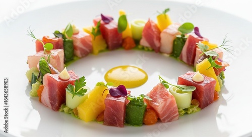 A colorful tuna and mango tartare arranged in a circular pattern