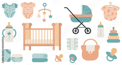 Baby essentials in pastel tones: crib, stroller, and accessories in flat design