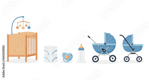 Baby essentials collection with pastel blue and beige nursery items