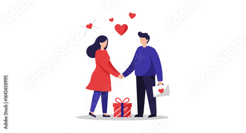 Romantic couple exchanging gifts and holding hands with hearts in simplified style