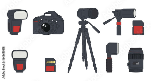 Photography equipment collection: camera, lens, tripod, flash and accessories