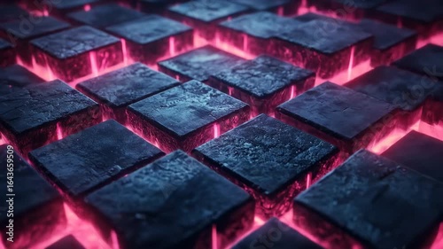 Dark, square blocks with vibrant pink glowing lines
