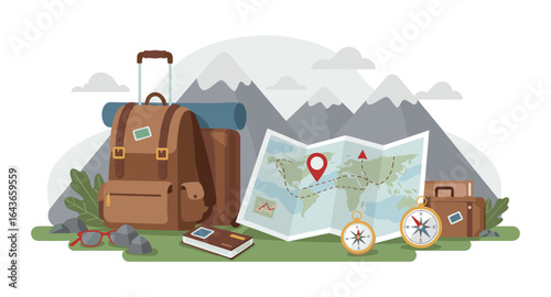 Adventure essentials with backpack, map, and compass in scenic mountain setting