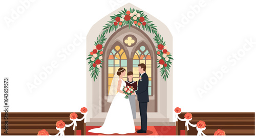 Elegant church wedding ceremony with floral arch and happy couple