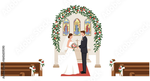 Elegant church wedding ceremony with bride and groom under floral arch