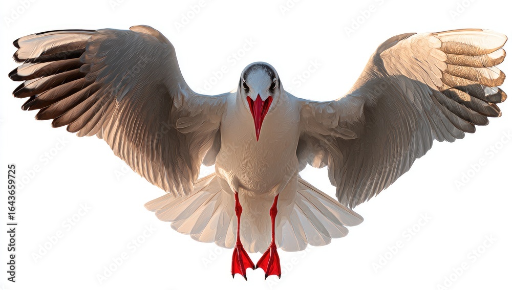 Obraz premium A seagull in mid-flight, wings outstretched, against a pure white background