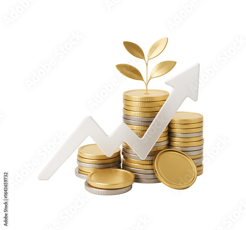 3D Financial Growth Concept with Golden and Silver Coin Stacks, Prosperity Plant with Golden Leaves, and Upward Trending Transparent Arrow on White Background