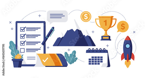 Business success and achievement concept with checklist, trophy, and rocket launch