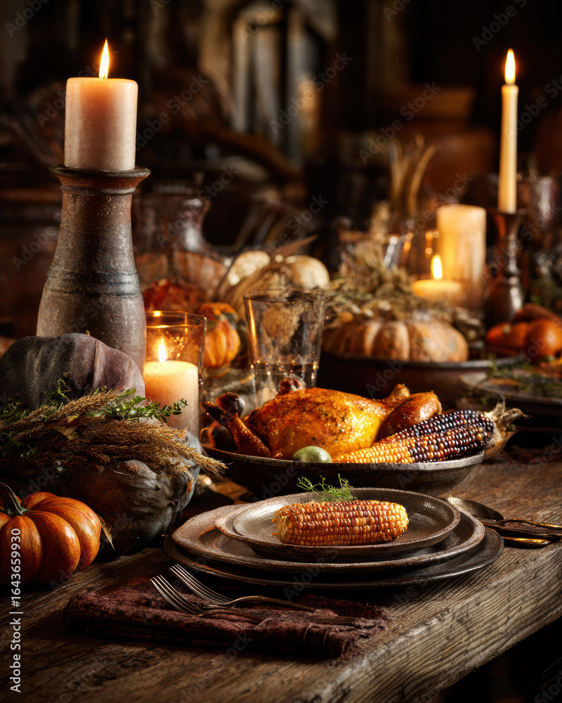 Naklejka premium Cozy Fall Harvest Feast Table