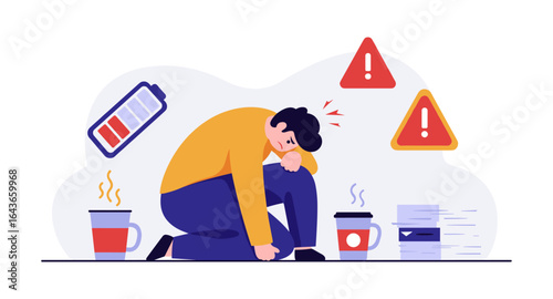 Exhausted worker with low energy surrounded by warning signs and coffee cups