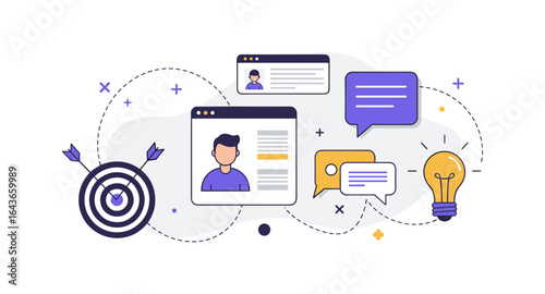Digital marketing concept with target, social media profiles, and communication icons in flat design