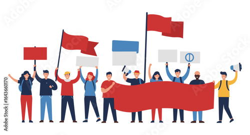 People holding banners and flags at a protest demonstration