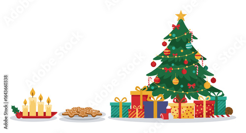 Festive christmas tree with gifts, candles, and gingerbread cookies