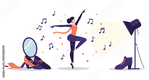 Elegant ballerina practicing dance steps in studio with music notes