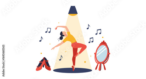 Ballet dancer performing on stage with musical notes and accessories in minimalist style