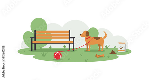 Dog park scene with bench, puppy, and toys in flat style