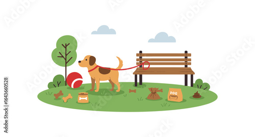 Cute dog at park with leash, ball, and bench in colorful flat design