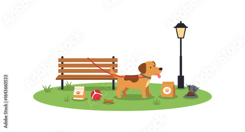 Dog in park scene with accessories and lamp post in flat design