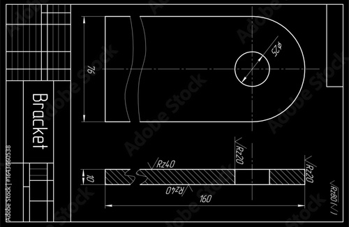 Vector mechanical part of machine - bracket.
Engineering assembly drawing of steel device
with dimension lines. Industrial technic 
cad scheme on paper sheet. Machined tool.