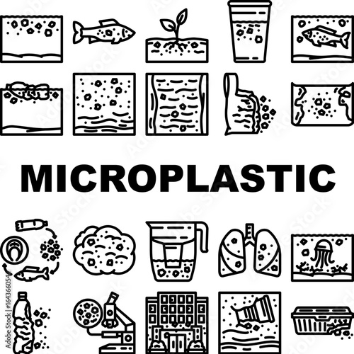 microplastic pollution ocean icons set vector