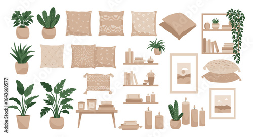 Cozy boho home decor collection with plants and pillows