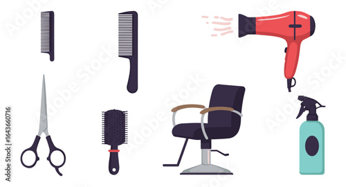 Barber and salon tools set: hairdryer, scissors, comb, chair, spray bottle