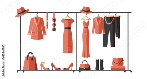 Chic wardrobe collection hanging on rack with stylish accessories