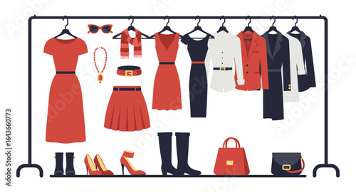 Stylish wardrobe display with trendy women's apparel and accessories on hangers