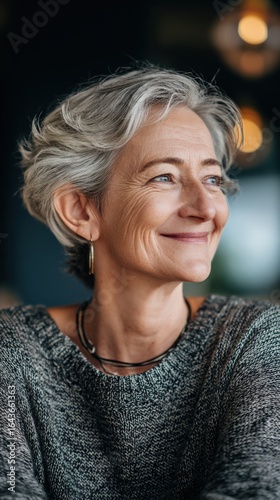 Attractive Mature Woman with Gray Hair Smiling Thoughtfully, Radiating Confidence and Natural Beauty in a Close-Up Portrait