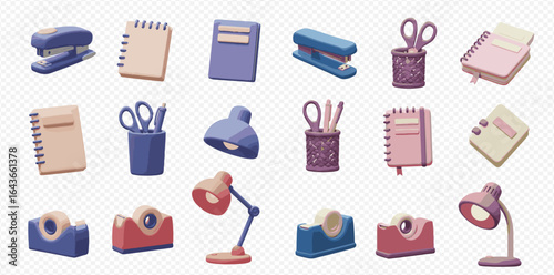 A colorful collection of cartoon office stationery, including staplers, notebooks, scissors, desk lamps, and tape dispensers.